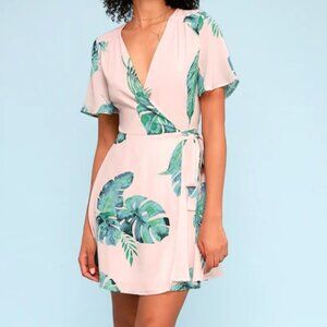 LULUS Villa Marie Blush Pink Leaf Print Short Sleeve Wrap Dress SIZE XS